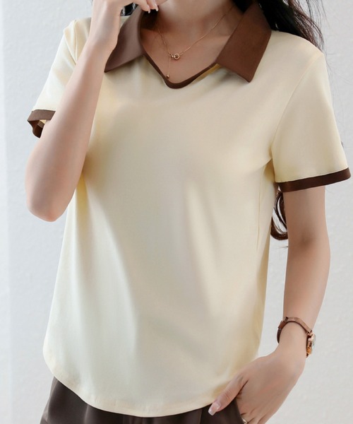 2ly2(トゥーリートゥー)の「半袖ブラウス 配色襟 ポロシャツ風 カットソー 韓国 春夏(Tシャツ/カットソー・レディース・ブラック/ベージュ・FREE)」の9枚目の写真