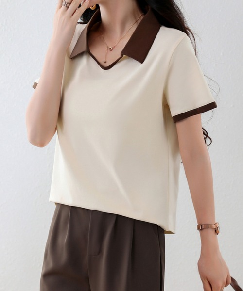 2ly2(トゥーリートゥー)の「半袖ブラウス 配色襟 ポロシャツ風 カットソー 韓国 春夏(Tシャツ/カットソー・レディース・ブラック/ベージュ・FREE)」の10枚目の写真