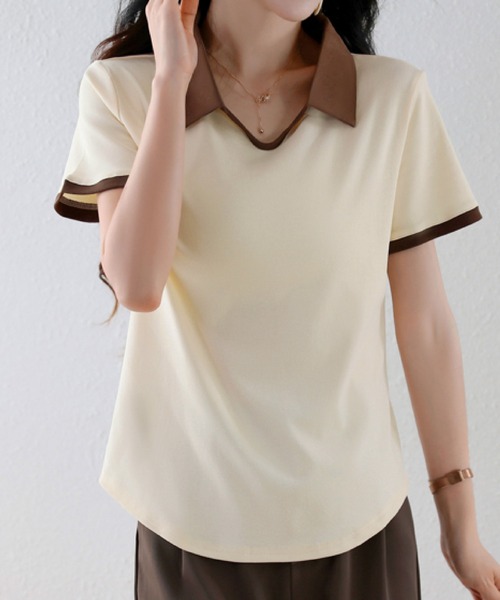 2ly2(トゥーリートゥー)の「半袖ブラウス 配色襟 ポロシャツ風 カットソー 韓国 春夏(Tシャツ/カットソー・レディース・ブラック/ベージュ・FREE)」の13枚目の写真