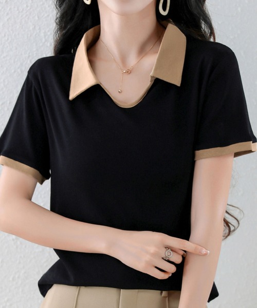 2ly2(トゥーリートゥー)の「半袖ブラウス 配色襟 ポロシャツ風 カットソー 韓国 春夏(Tシャツ/カットソー・レディース・ブラック/ベージュ・FREE)」の4枚目の写真