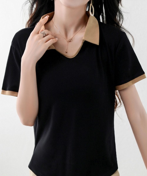 2ly2(トゥーリートゥー)の「半袖ブラウス 配色襟 ポロシャツ風 カットソー 韓国 春夏(Tシャツ/カットソー・レディース・ブラック/ベージュ・FREE)」の7枚目の写真
