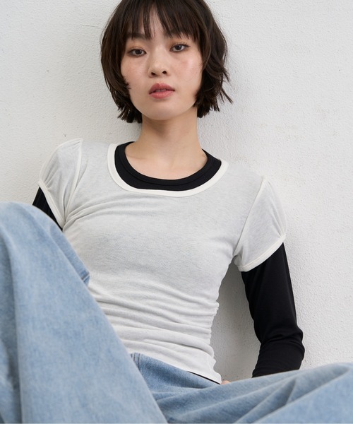 NUJOH(ヌゾ)の「Layered Slim Fit Half Sleeve Top / レイヤードスリムフィットハーフスリーブトップ2枚セット(Tシャツ/カットソー・レディース・ブラック/ピンク/ホワイト/ライトパープル/チャコールグレー・FREE)」の1枚目の写真