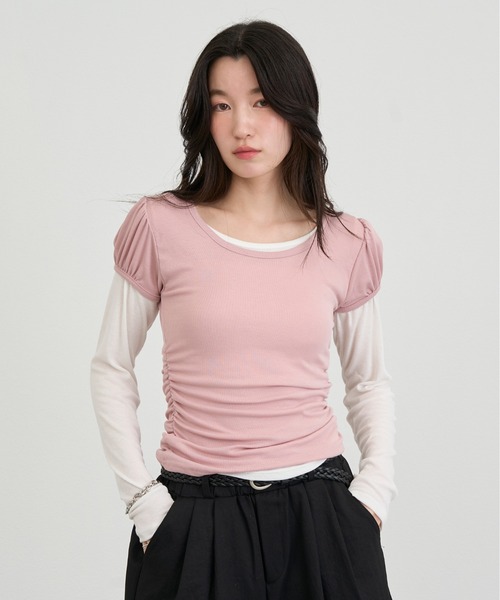 NUJOH(ヌゾ)の「Layered Slim Fit Half Sleeve Top / レイヤードスリムフィットハーフスリーブトップ2枚セット(Tシャツ/カットソー・レディース・ブラック/ピンク/ホワイト/ライトパープル/チャコールグレー・FREE)」の5枚目の写真