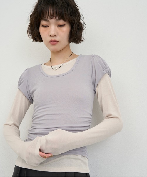 NUJOH(ヌゾ)の「Layered Slim Fit Half Sleeve Top / レイヤードスリムフィットハーフスリーブトップ2枚セット(Tシャツ/カットソー・レディース・ブラック/ピンク/ホワイト/ライトパープル/チャコールグレー・FREE)」の10枚目の写真