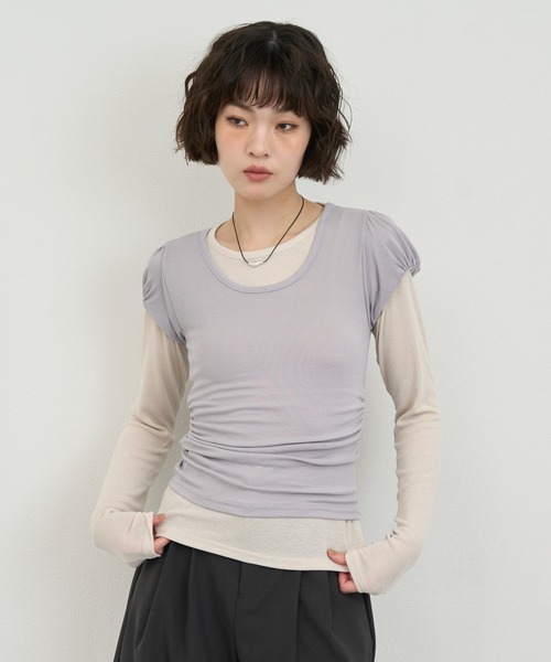 NUJOH(ヌゾ)の「Layered Slim Fit Half Sleeve Top / レイヤードスリムフィットハーフスリーブトップ2枚セット(Tシャツ/カットソー・レディース・ブラック/ピンク/ホワイト/ライトパープル/チャコールグレー・FREE)」の7枚目の写真