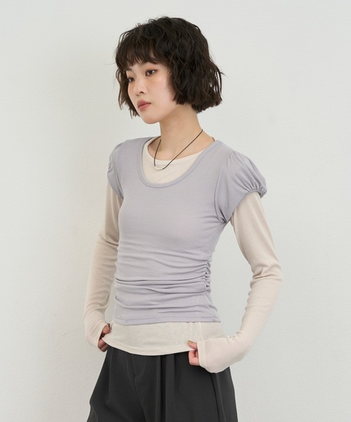 NUJOH(ヌゾ)の「Layered Slim Fit Half Sleeve Top / レイヤードスリムフィットハーフスリーブトップ2枚セット(Tシャツ/カットソー・レディース・ブラック/ピンク/ホワイト/ライトパープル/チャコールグレー・FREE)」の9枚目の写真