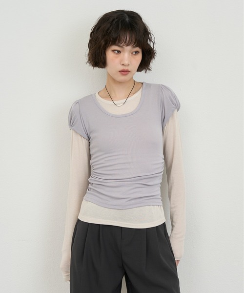 NUJOH(ヌゾ)の「Layered Slim Fit Half Sleeve Top / レイヤードスリムフィットハーフスリーブトップ2枚セット(Tシャツ/カットソー・レディース・ブラック/ピンク/ホワイト/ライトパープル/チャコールグレー・FREE)」の11枚目の写真