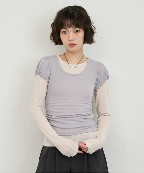 NUJOH(ヌゾ)の「Layered Slim Fit Half Sleeve Top / レイヤードスリムフィットハーフスリーブトップ2枚セット(Tシャツ/カットソー・レディース・ブラック/ピンク/ホワイト/ライトパープル/チャコールグレー・FREE)」の8枚目の写真