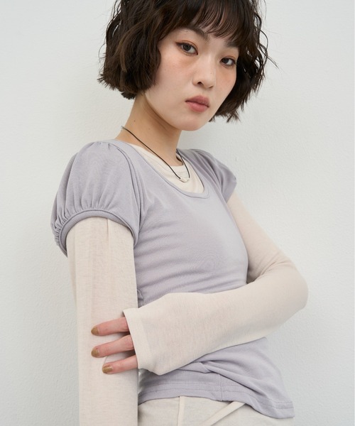 NUJOH(ヌゾ)の「Layered Slim Fit Half Sleeve Top / レイヤードスリムフィットハーフスリーブトップ2枚セット(Tシャツ/カットソー・レディース・ブラック/ピンク/ホワイト/ライトパープル/チャコールグレー・FREE)」の14枚目の写真