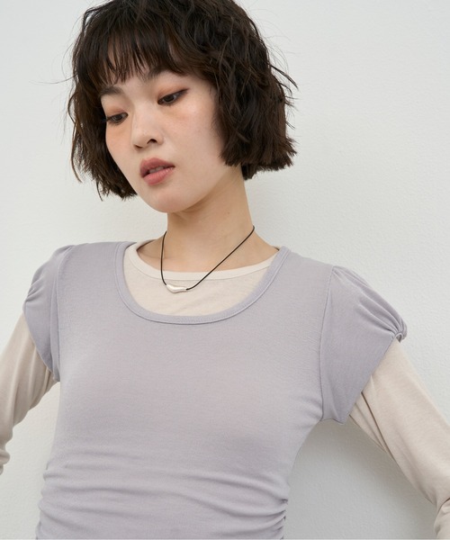 NUJOH(ヌゾ)の「Layered Slim Fit Half Sleeve Top / レイヤードスリムフィットハーフスリーブトップ2枚セット(Tシャツ/カットソー・レディース・ブラック/ピンク/ホワイト/ライトパープル/チャコールグレー・FREE)」の15枚目の写真