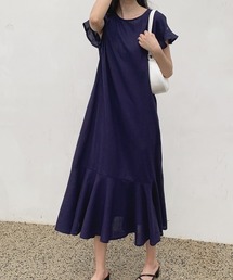 コットンリネン フリルヘム ロング丈 ワンピース