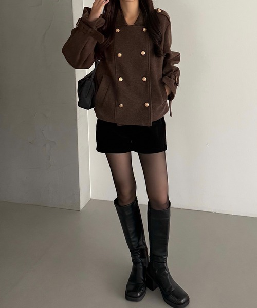 callautia（カラウティア）の「ダブルブレストショートコート（ステンカラーコート・レディース・ブラウン/ブラック/ダークグレー・LARGE/MEDIUM/SMALL）」の12枚目の写真