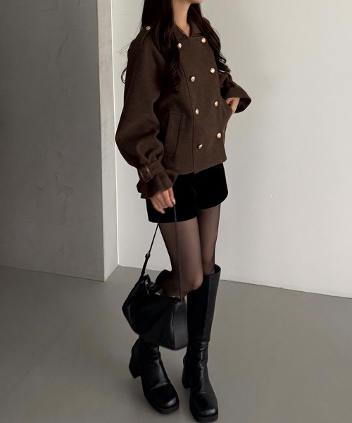 callautia（カラウティア）の「ダブルブレストショートコート（ステンカラーコート・レディース・ブラウン/ブラック/ダークグレー・LARGE/MEDIUM/SMALL）」の13枚目の写真