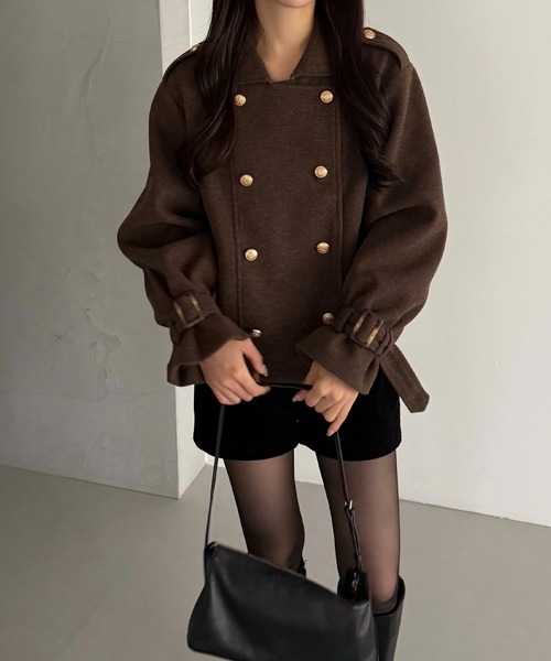 callautia（カラウティア）の「ダブルブレストショートコート（ステンカラーコート・レディース・ブラウン/ブラック/ダークグレー・LARGE/MEDIUM/SMALL）」の15枚目の写真