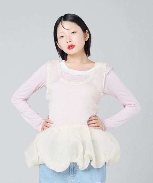 Little sunny bite(リトルサニーバイト)の「littlesunnybite/リトルサニーバイト/tulle bomber tunic(Tシャツ/カットソー・レディース・ピンク/ブラック/アイボリー・M/S)」の7枚目の写真