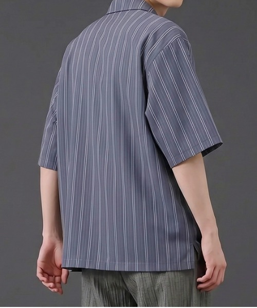 revertical（リバーティカル）の「マルチストライプ  半袖シャツ（シャツ/ブラウス・メンズ・チャコール/グリーン・MEDIUM/SMALL/LARGE）」の4枚目の写真