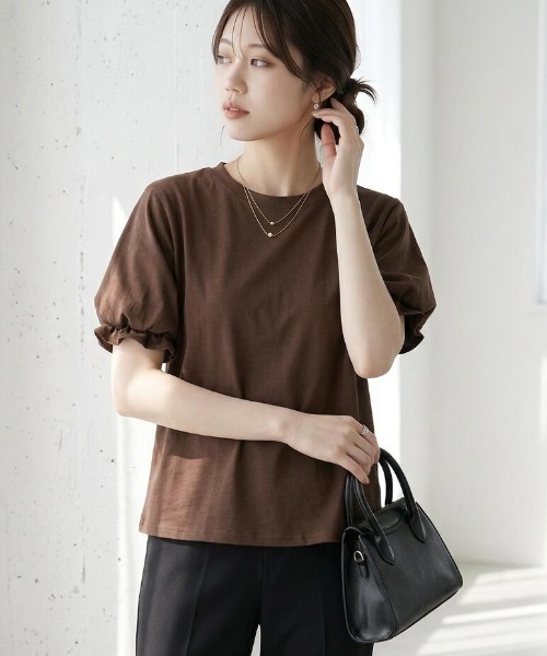 COCOMOMO(ココモモ)の「ふんわり立体感 バルーンスリーブトップス Tシャツ 半袖 バルーン袖 フリル Tシャツ カットソー パフスリーブ 半袖Tシャツ トップス 夏 夏服(Tシャツ/カットソー・レディース・ライトブラウン/ブラック/ライトブルー/ホワイト/ブラウン・FREE)」の3枚目の写真