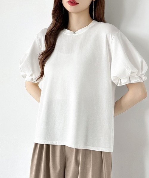 COCOMOMO(ココモモ)の「ふんわり立体感 バルーンスリーブトップス Tシャツ 半袖 バルーン袖 フリル Tシャツ カットソー パフスリーブ 半袖Tシャツ トップス 夏 夏服(Tシャツ/カットソー・レディース・ライトブラウン/ブラック/ライトブルー/ホワイト/ブラウン・FREE)」の10枚目の写真