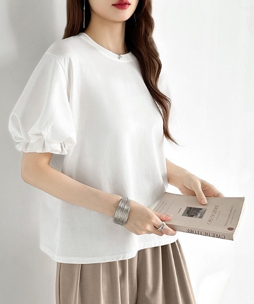 COCOMOMO(ココモモ)の「ふんわり立体感 バルーンスリーブトップス Tシャツ 半袖 バルーン袖 フリル Tシャツ カットソー パフスリーブ 半袖Tシャツ トップス 夏 夏服(Tシャツ/カットソー・レディース・ライトブラウン/ブラック/ライトブルー/ホワイト/ブラウン・FREE)」の11枚目の写真