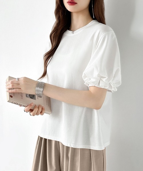 COCOMOMO(ココモモ)の「ふんわり立体感 バルーンスリーブトップス Tシャツ 半袖 バルーン袖 フリル Tシャツ カットソー パフスリーブ 半袖Tシャツ トップス 夏 夏服(Tシャツ/カットソー・レディース・ライトブラウン/ブラック/ライトブルー/ホワイト/ブラウン・FREE)」の12枚目の写真