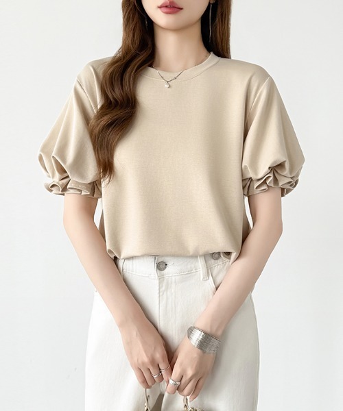COCOMOMO(ココモモ)の「ふんわり立体感 バルーンスリーブトップス Tシャツ 半袖 バルーン袖 フリル Tシャツ カットソー パフスリーブ 半袖Tシャツ トップス 夏 夏服(Tシャツ/カットソー・レディース・ライトブラウン/ブラック/ライトブルー/ホワイト/ブラウン・FREE)」の22枚目の写真