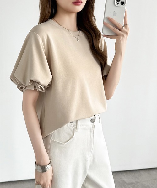COCOMOMO(ココモモ)の「ふんわり立体感 バルーンスリーブトップス Tシャツ 半袖 バルーン袖 フリル Tシャツ カットソー パフスリーブ 半袖Tシャツ トップス 夏 夏服(Tシャツ/カットソー・レディース・ライトブラウン/ブラック/ライトブルー/ホワイト/ブラウン・FREE)」の15枚目の写真