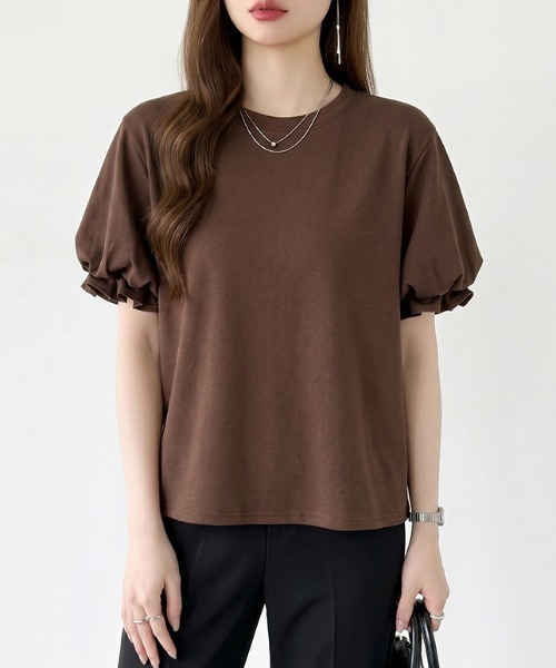 COCOMOMO(ココモモ)の「ふんわり立体感 バルーンスリーブトップス Tシャツ 半袖 バルーン袖 フリル Tシャツ カットソー パフスリーブ 半袖Tシャツ トップス 夏 夏服(Tシャツ/カットソー・レディース・ライトブラウン/ブラック/ライトブルー/ホワイト/ブラウン・FREE)」の16枚目の写真