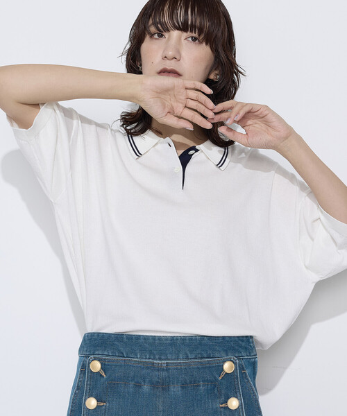 COMME CA Wardrobe(コムサワードローブ)の「〔 +サイズ 〕 14G天竺編 ポロ襟ニット(ニット/セーター・レディース・ネイビー/ホワイト/トップグレー・13号)」の7枚目の写真
