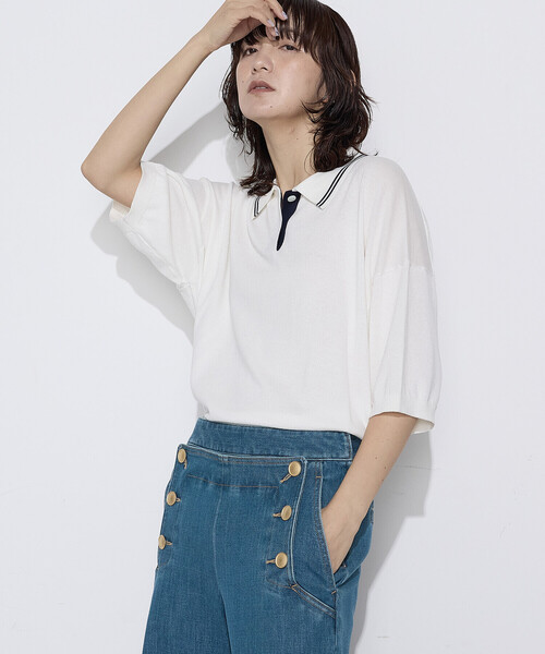COMME CA Wardrobe(コムサワードローブ)の「〔 +サイズ 〕 14G天竺編 ポロ襟ニット(ニット/セーター・レディース・ネイビー/ホワイト/トップグレー・13号)」の8枚目の写真