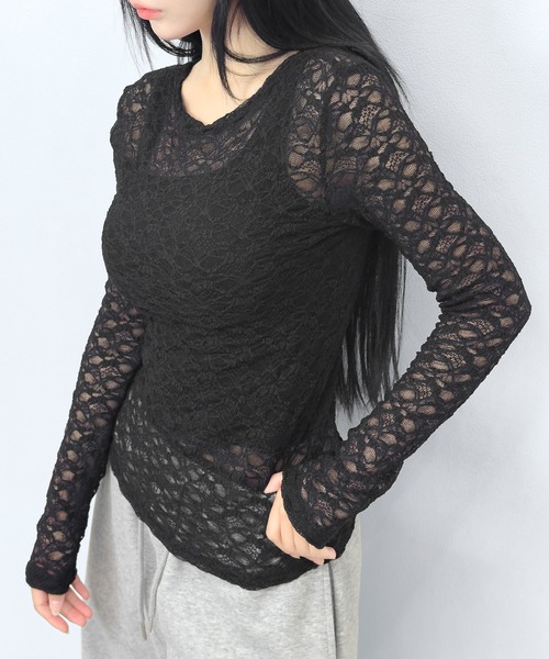 FOLLOWIN(フォロウィン)の「【シアーレース/着回せる万能】ストレッチレースロングスリーブトップス(Tシャツ/カットソー・レディース・ホワイト/ブラック/グレー・FREE)」の14枚目の写真