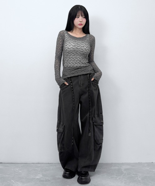 FOLLOWIN(フォロウィン)の「【シアーレース/着回せる万能】ストレッチレースロングスリーブトップス(Tシャツ/カットソー・レディース・ホワイト/ブラック/グレー・FREE)」の7枚目の写真