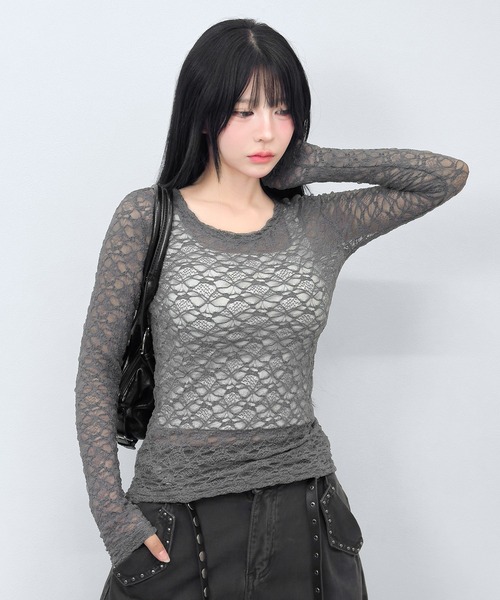 FOLLOWIN(フォロウィン)の「【シアーレース/着回せる万能】ストレッチレースロングスリーブトップス(Tシャツ/カットソー・レディース・ホワイト/ブラック/グレー・FREE)」の5枚目の写真