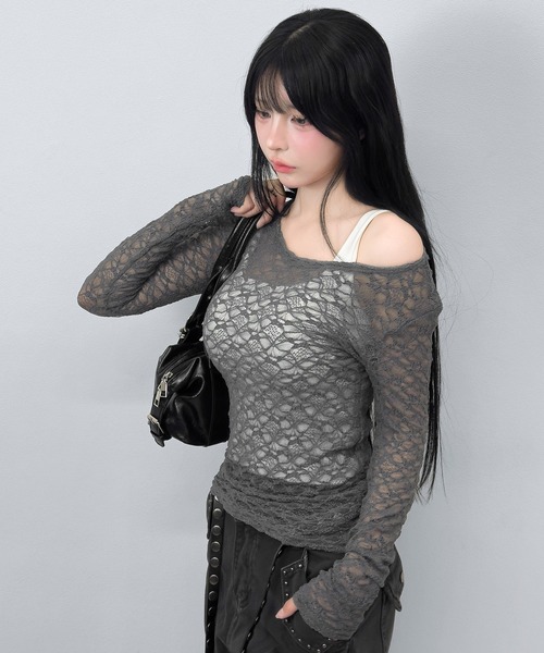 FOLLOWIN(フォロウィン)の「【シアーレース/着回せる万能】ストレッチレースロングスリーブトップス(Tシャツ/カットソー・レディース・ホワイト/ブラック/グレー・FREE)」の6枚目の写真