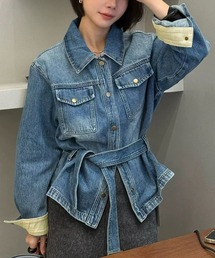 ベルト付きデニムジャケット / デニムシャツ ウエストマーク オーバーサイズ 長袖