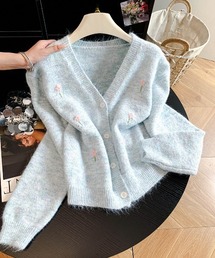 フラワー刺繍 Vネック ニットカーディガン