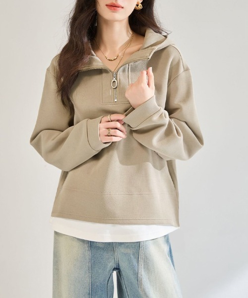 ONEP STAR(ワンピスター)の「ハーフジップレイヤード風長袖スウェットパーカー(スウェット・レディース・カーキ・MEDIUM/LARGE/X-LARGE)」の12枚目の写真