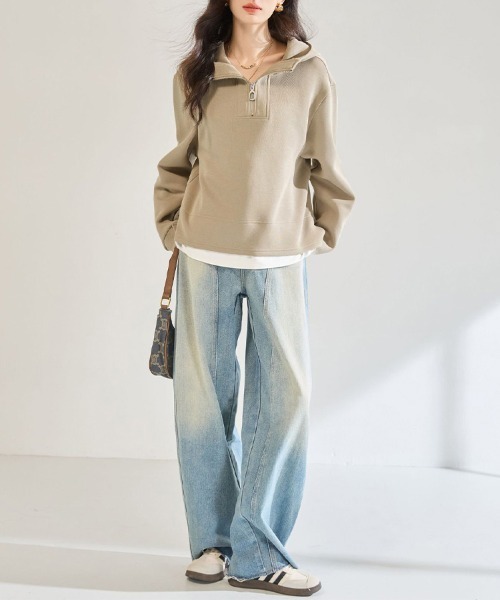 ONEP STAR(ワンピスター)の「ハーフジップレイヤード風長袖スウェットパーカー(スウェット・レディース・カーキ・MEDIUM/LARGE/X-LARGE)」の6枚目の写真