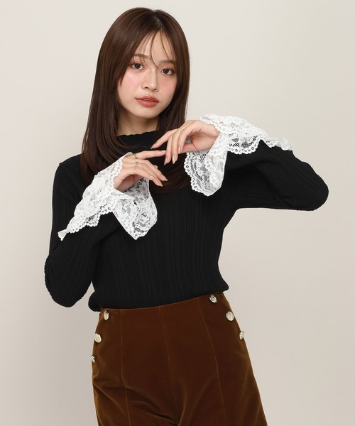 Heather(ヘザー)の「袖レースピタニット 1096362(ニット/セーター・レディース・ブラック/オフホワイト・FREE)」の4枚目の写真