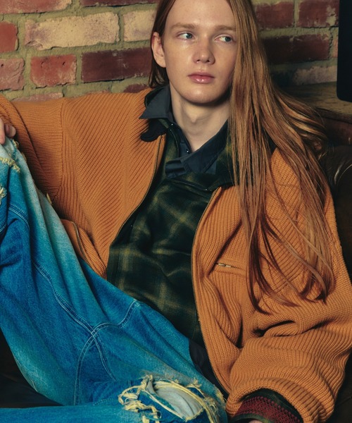 ADAM PATEK（アダムパテック）の「【ADAMPATEK/アダムパテック】 rough knitfabric work jkt ラフニットジャケット（ブルゾン・メンズ・グレー/キャメル・2）」の2枚目の写真