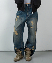 DESTROYED BOOTS CUT DENIM PANTS BLUE
