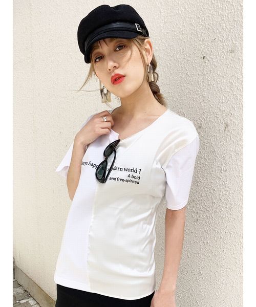 EMODA（エモダ）の「ドッキングエンブロイダリーTシャツ（Tシャツ/カットソー・レディース・カーキ/ブラック/ホワイト・FREE）」の2枚目の写真