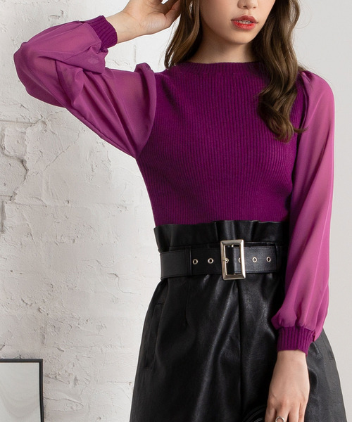 Newlyme（ニューリーミー）の「シフォンスリーブハイネックリブトップス（ニット/セーター・レディース・ブラック/ベージュ/パープル/グリーン/アイボリー/ボルドー/キャメル/セージグリーン/ブルー・MEDIUM/LARGE/X-LARGE/SMALL）」の7枚目の写真