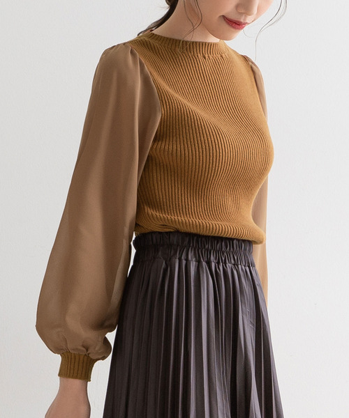 Newlyme（ニューリーミー）の「シフォンスリーブハイネックリブトップス（ニット/セーター・レディース・ブラック/ベージュ/パープル/グリーン/アイボリー/ボルドー/キャメル/セージグリーン/ブルー・MEDIUM/LARGE/X-LARGE/SMALL）」の8枚目の写真