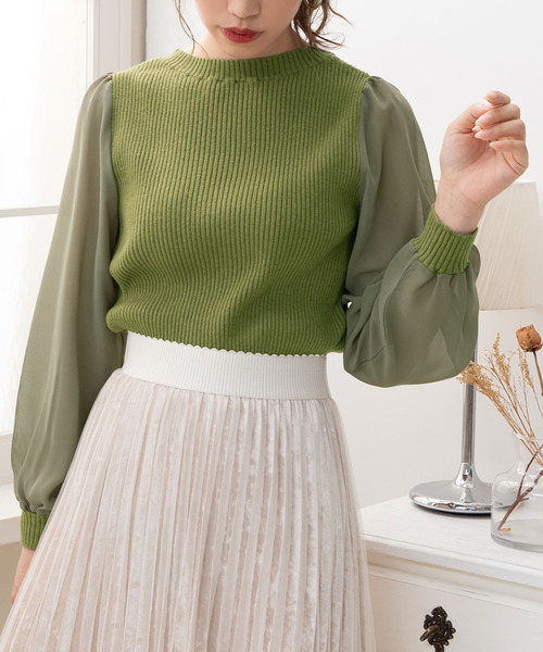 Newlyme（ニューリーミー）の「シフォンスリーブハイネックリブトップス（ニット/セーター・レディース・ブラック/ベージュ/パープル/グリーン/アイボリー/ボルドー/キャメル/セージグリーン/ブルー・MEDIUM/LARGE/X-LARGE/SMALL）」の4枚目の写真