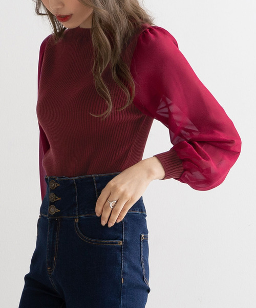 Newlyme（ニューリーミー）の「シフォンスリーブハイネックリブトップス（ニット/セーター・レディース・ブラック/ベージュ/パープル/グリーン/アイボリー/ボルドー/キャメル/セージグリーン/ブルー・MEDIUM/LARGE/X-LARGE/SMALL）」の9枚目の写真