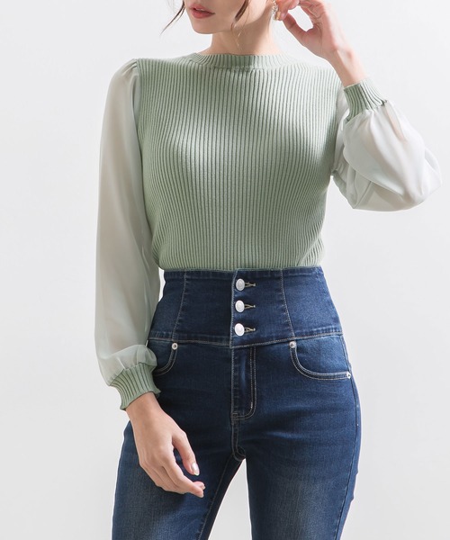 Newlyme（ニューリーミー）の「シフォンスリーブハイネックリブトップス（ニット/セーター・レディース・ブラック/ベージュ/パープル/グリーン/アイボリー/ボルドー/キャメル/セージグリーン/ブルー・MEDIUM/LARGE/X-LARGE/SMALL）」の5枚目の写真