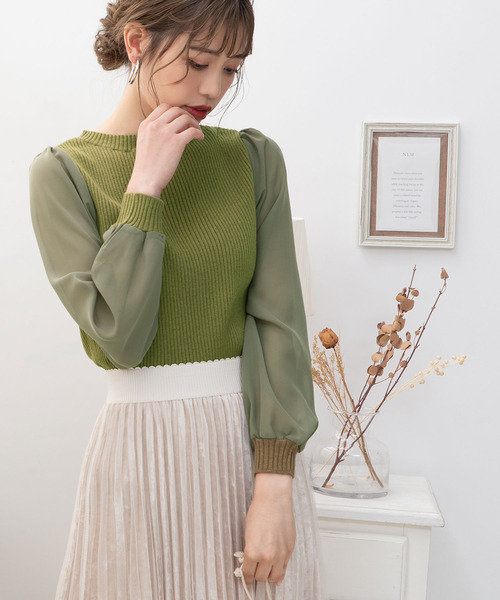 Newlyme（ニューリーミー）の「シフォンスリーブハイネックリブトップス（ニット/セーター・レディース・ブラック/ベージュ/パープル/グリーン/アイボリー/ボルドー/キャメル/セージグリーン/ブルー・MEDIUM/LARGE/X-LARGE/SMALL）」の14枚目の写真