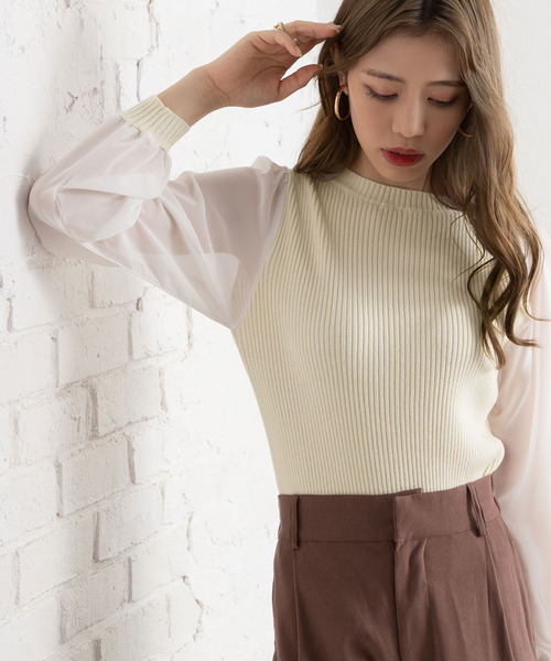 Newlyme（ニューリーミー）の「シフォンスリーブハイネックリブトップス（ニット/セーター・レディース・ブラック/ベージュ/パープル/グリーン/アイボリー/ボルドー/キャメル/セージグリーン/ブルー・MEDIUM/LARGE/X-LARGE/SMALL）」の18枚目の写真