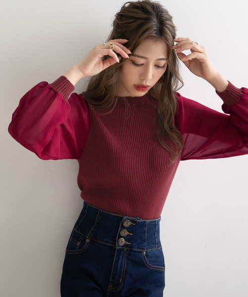 Newlyme（ニューリーミー）の「シフォンスリーブハイネックリブトップス（ニット/セーター・レディース・ブラック/ベージュ/パープル/グリーン/アイボリー/ボルドー/キャメル/セージグリーン/ブルー・MEDIUM/LARGE/X-LARGE/SMALL）」の19枚目の写真