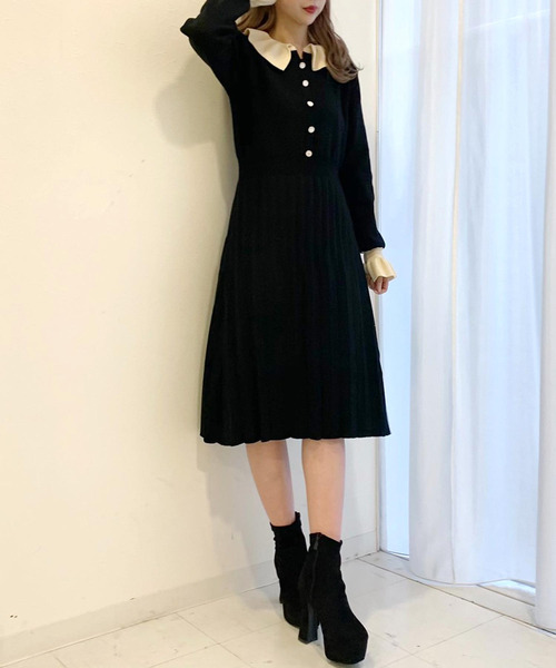 titty&Co. オフショルフリルニットワンピース（BLK） ティティーアンドコー TITTY&CO. オフショルフリルニット